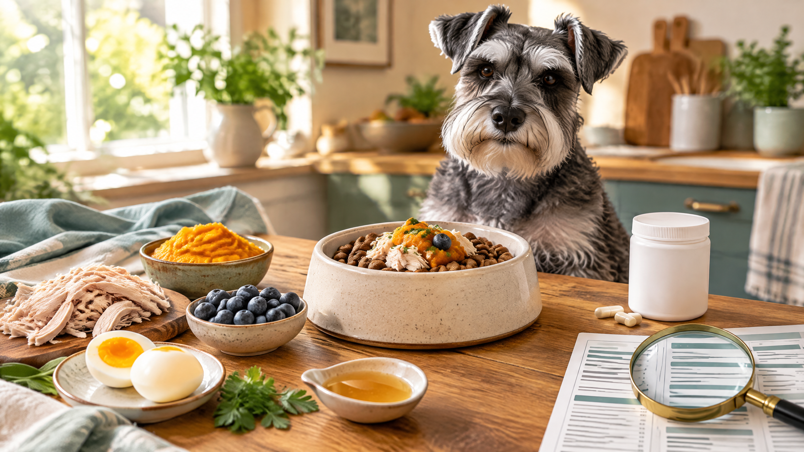 Illustration of a dog food topper bag with a magnifying glass over the nutrition label, representing absorption and bioavailability