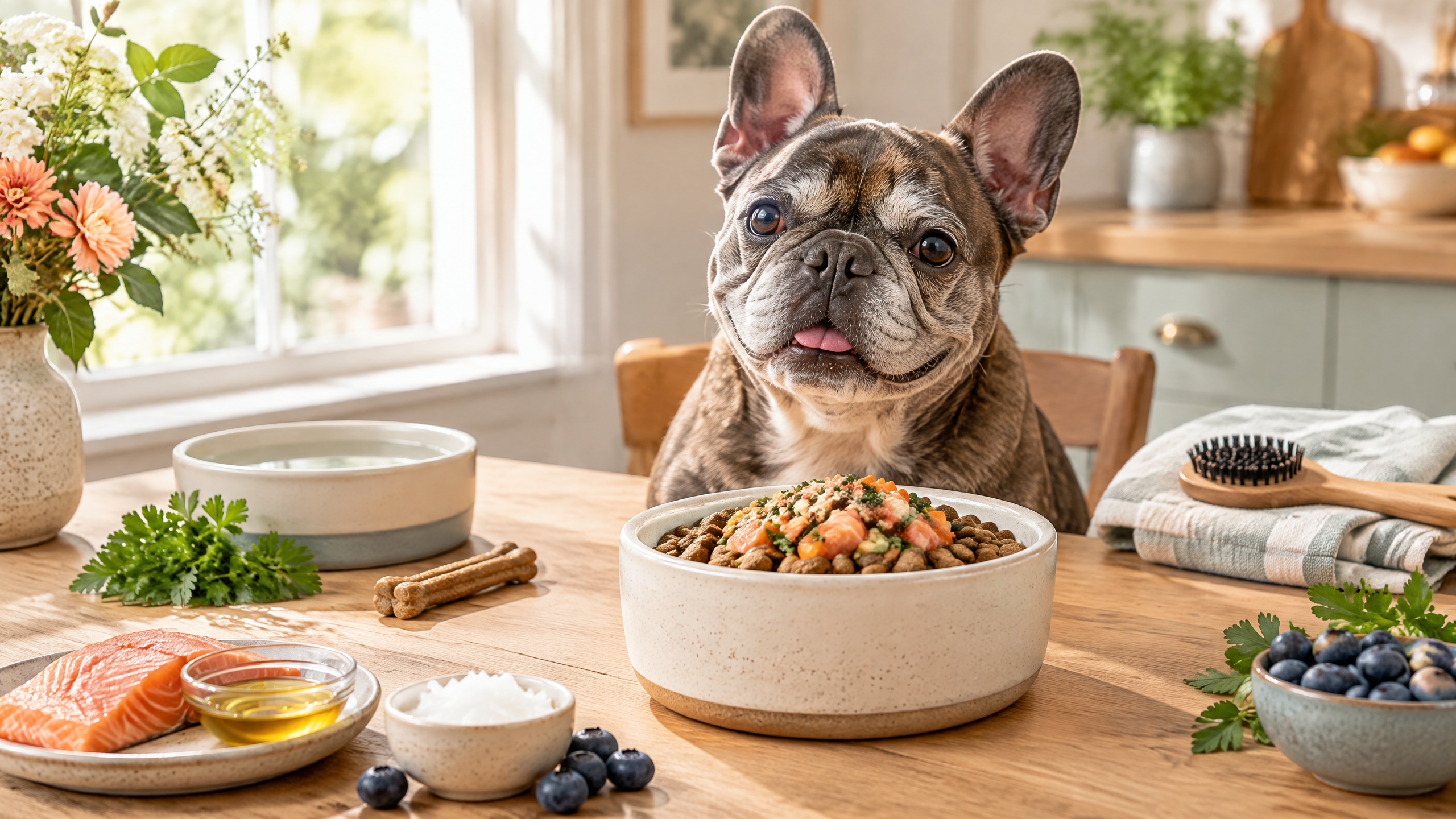 Illustration of a senior dog with icons representing brain, teeth, and skin health, next to a bowl of food toppers