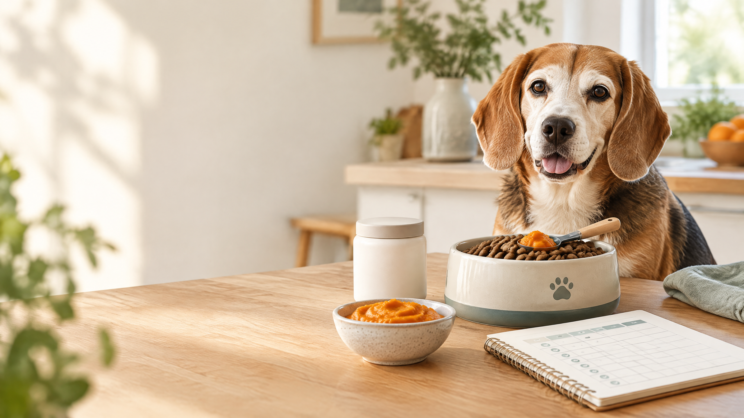 Illustration of a senior dog with a bowl of food topped with pumpkin and probiotics, representing gut health toppers