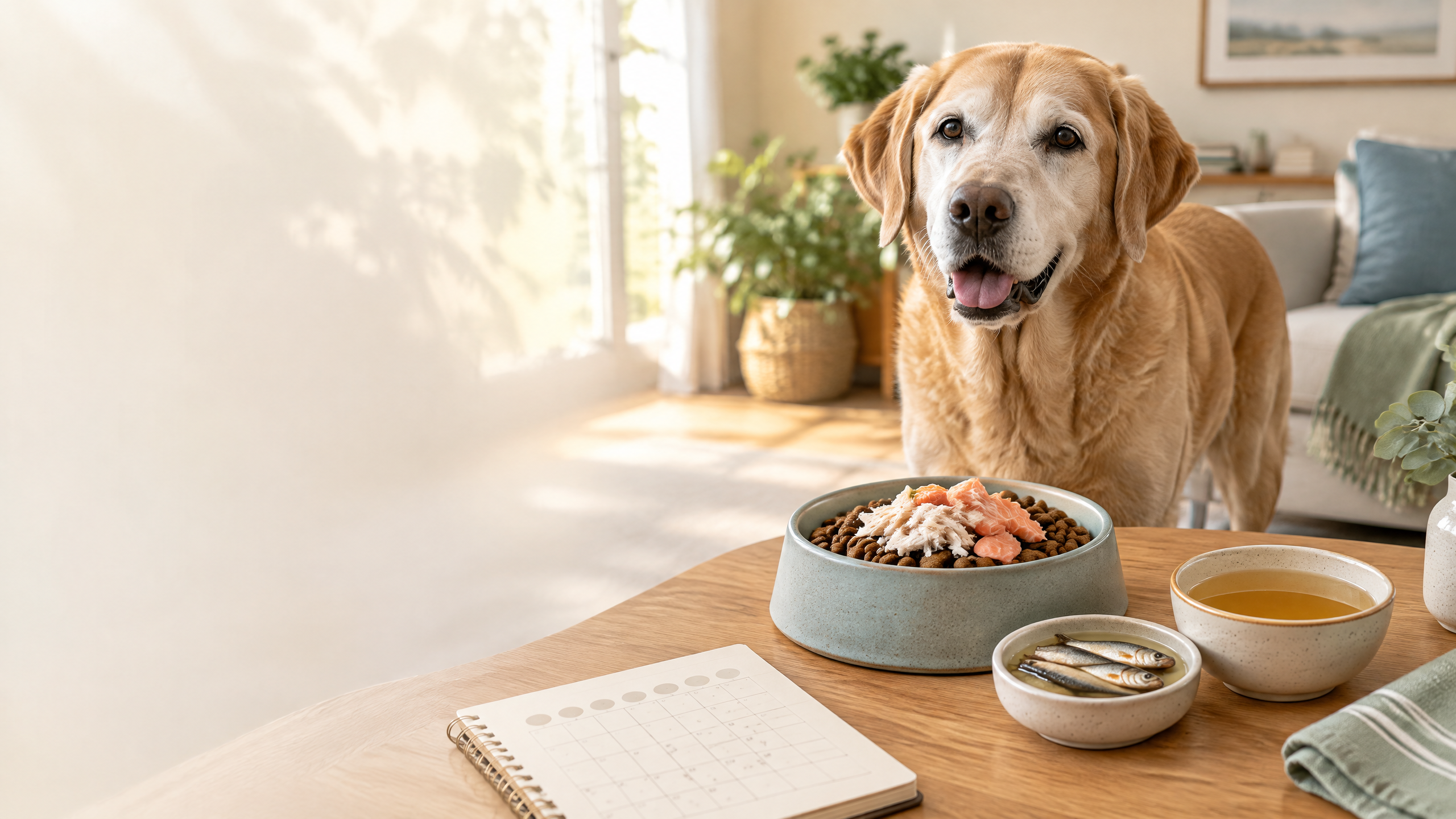 Illustration of a senior dog with a bowl of food topped with fish and broth, representing joint-support toppers