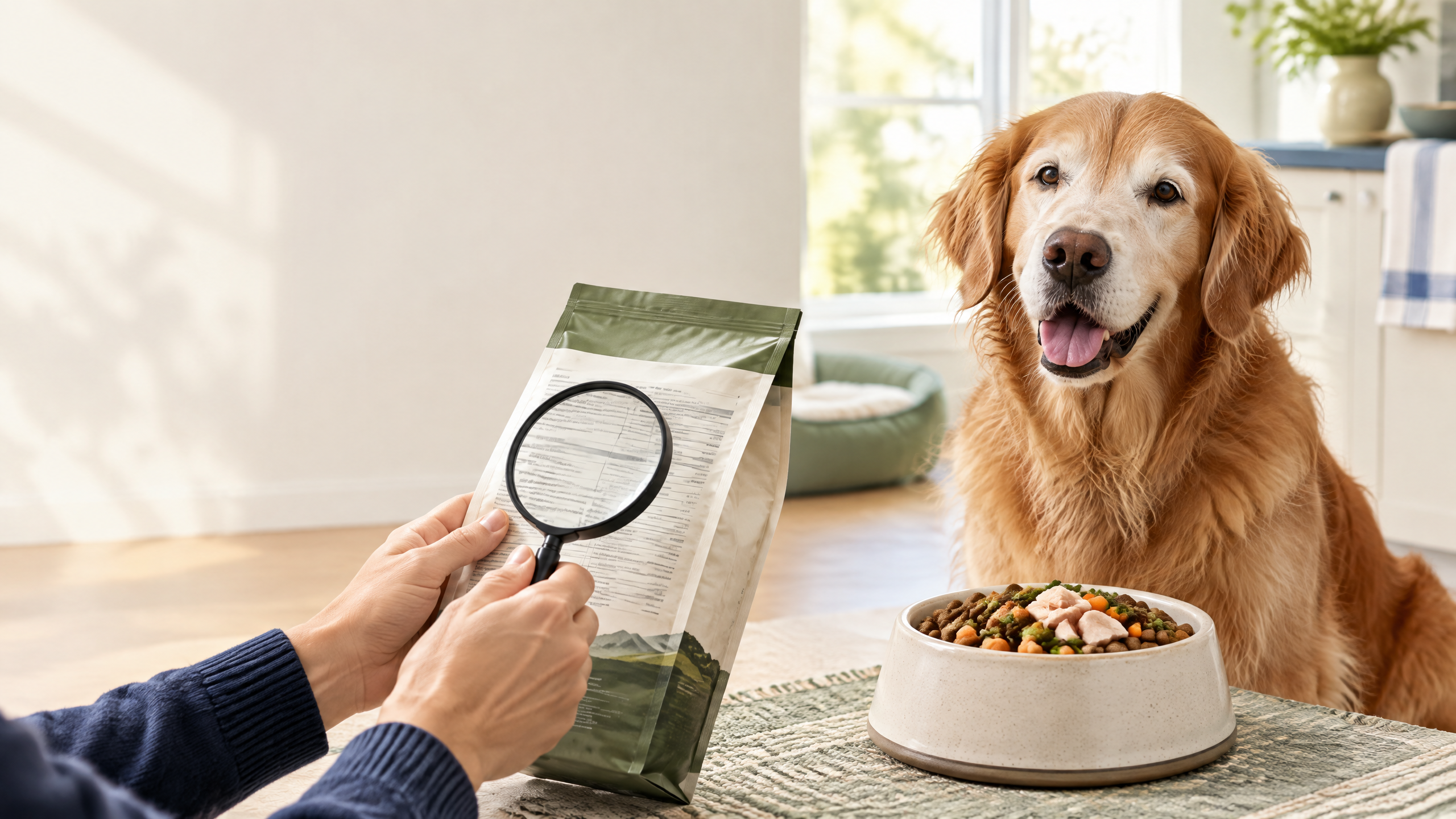 Illustration of a senior dog looking at a bowl of food with a topper, representing picky eating in older dogs