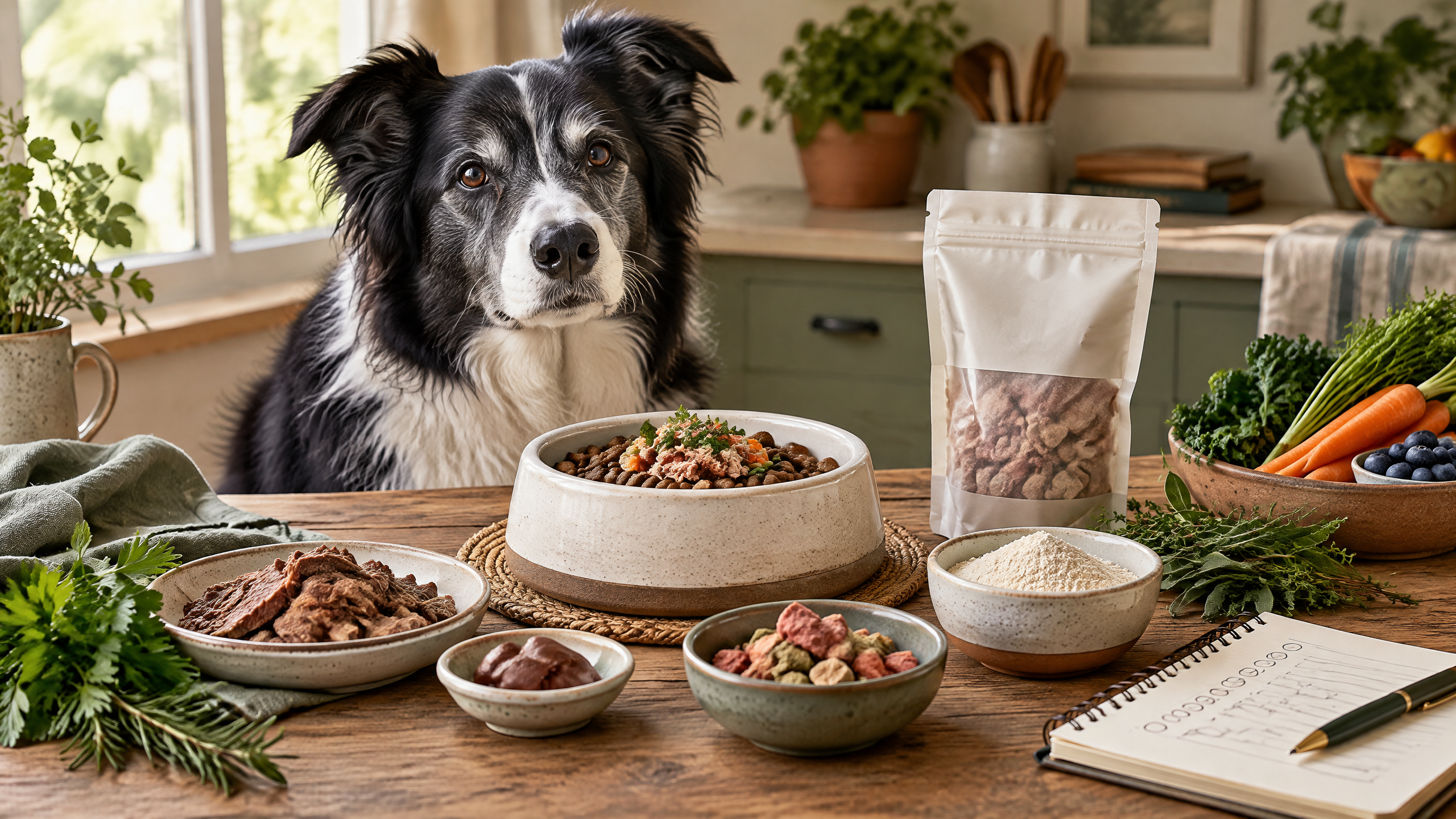 Illustration of a senior dog with a bowl of raw meat, organ, and bone topper ingredients, representing BARF and ancestral feeding