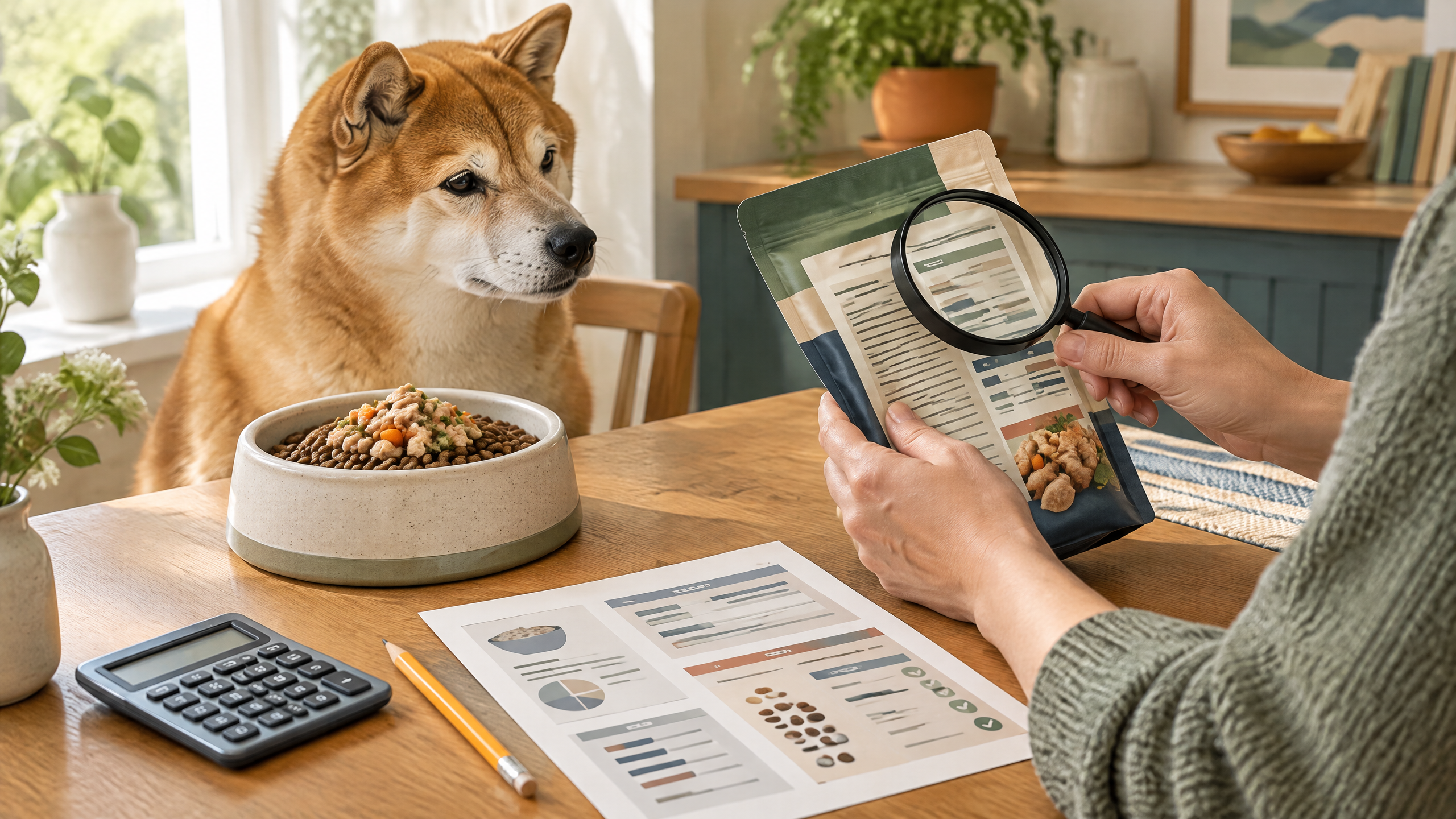 Illustration of a hand holding a magnifying glass over a dog food topper label, representing how to read pet food labels