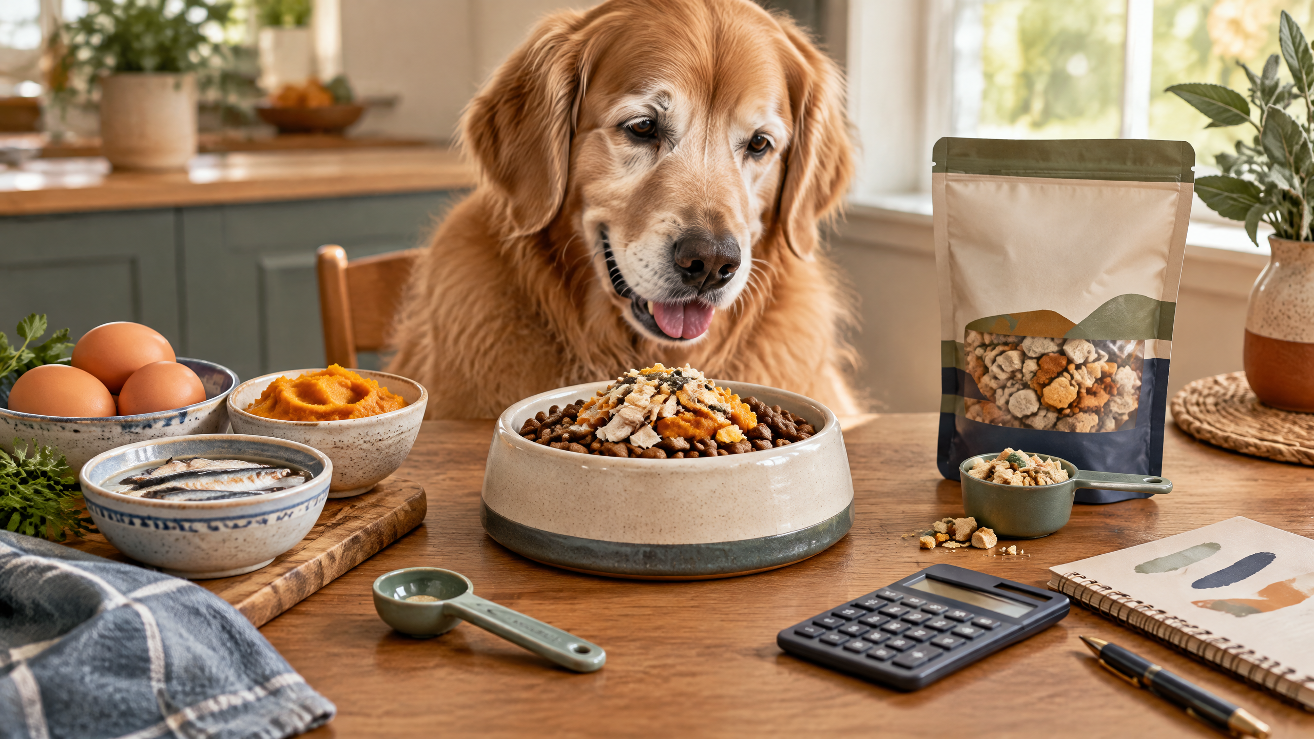 Illustration comparing a premium subscription dog food box against a simple bowl of grocery-store toppers, representing cost comparison