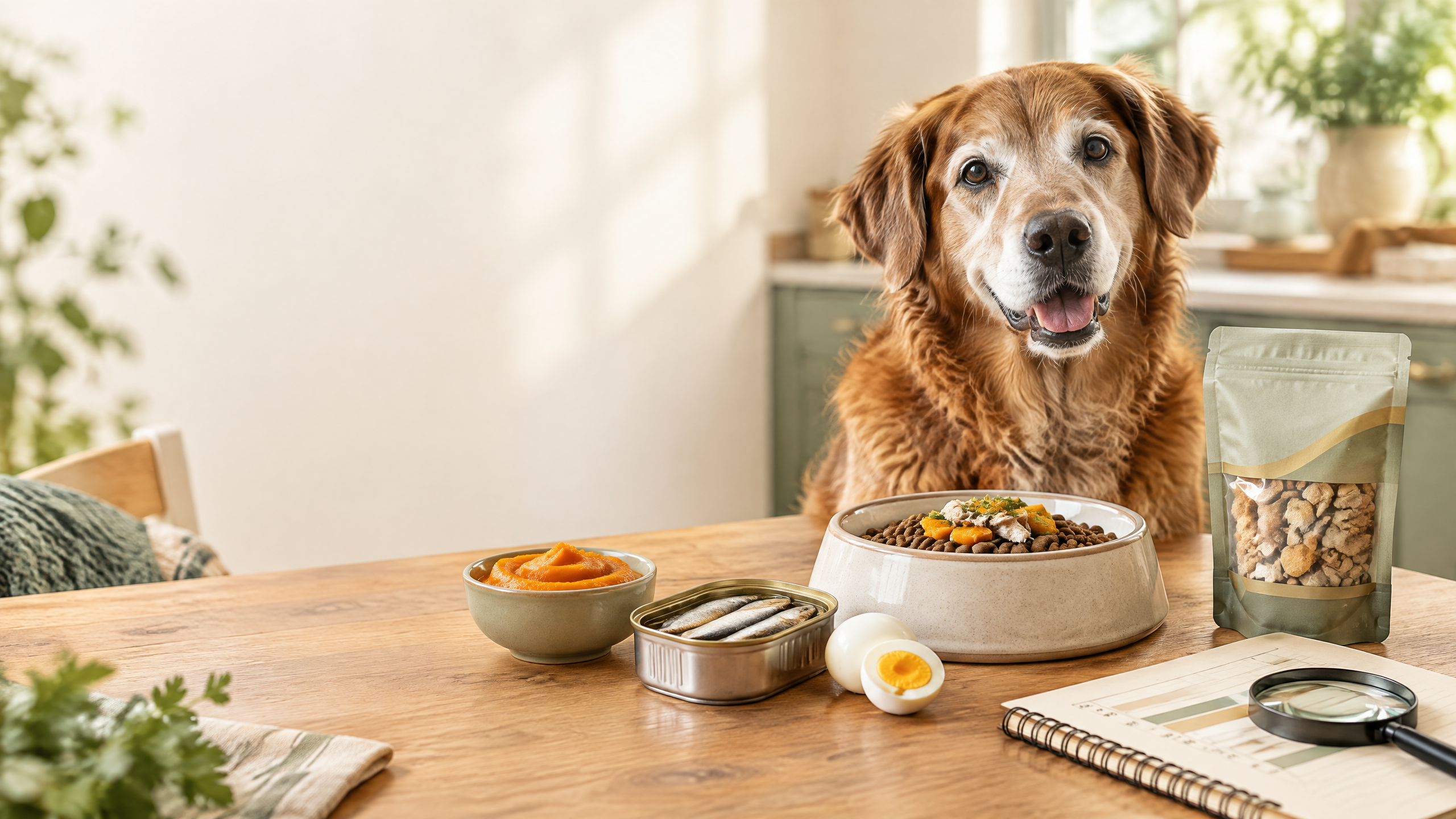 Illustration comparing an expensive freeze-dried dog food topper bag against simple grocery items like eggs, pumpkin, and sardines